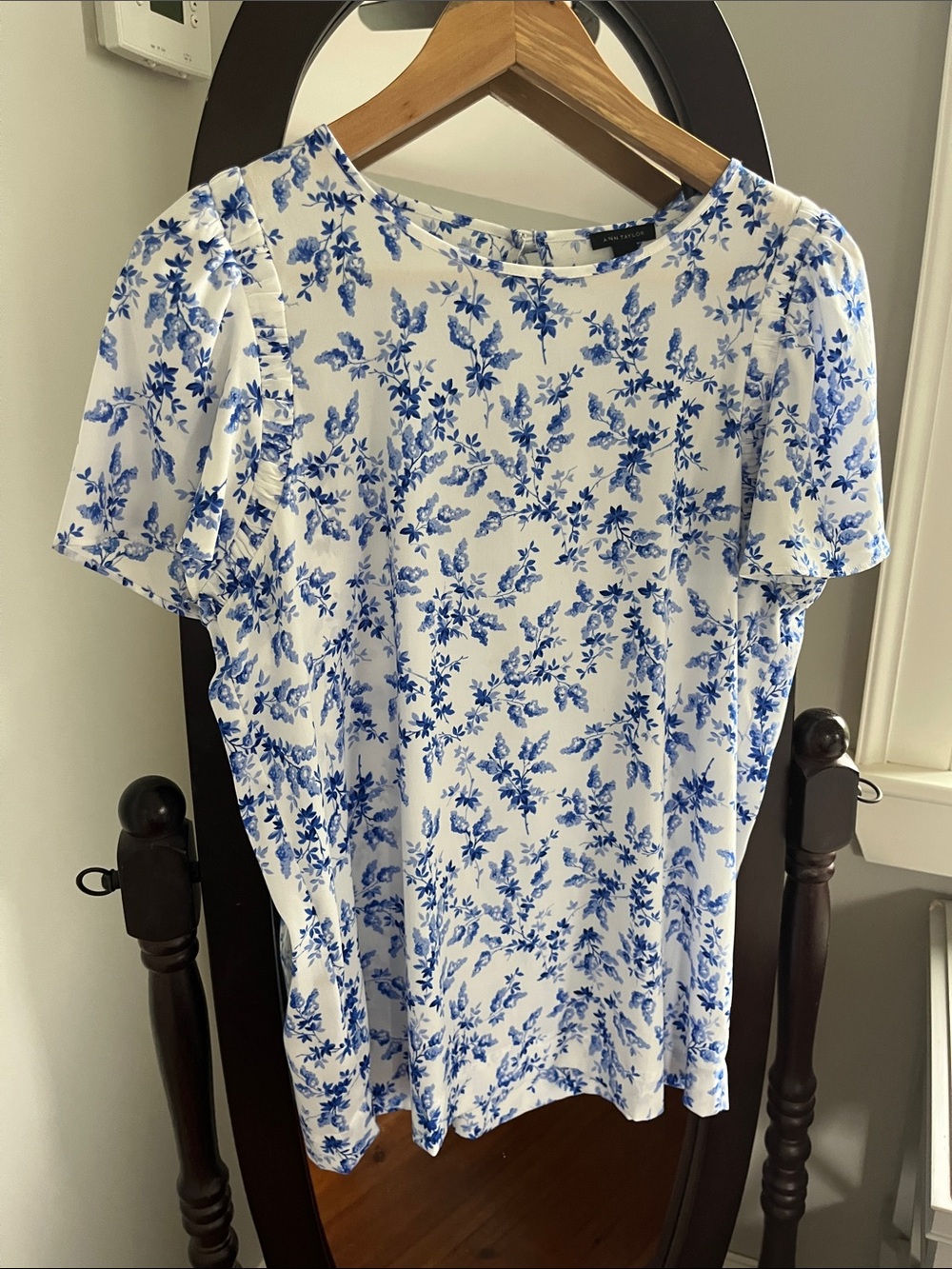 Ann Taylor White Top with Blue Floral Print